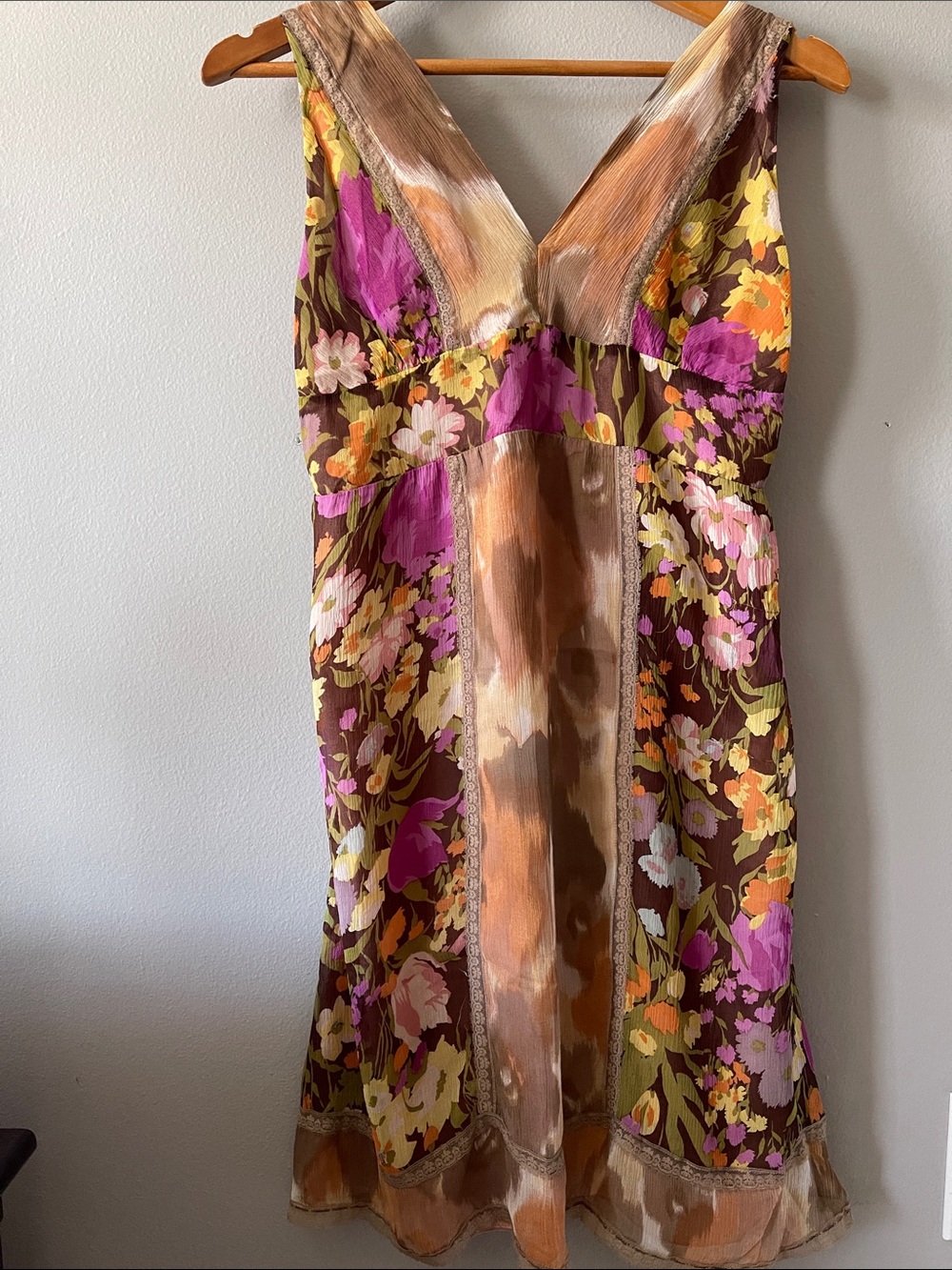 Hale Bob Y2K Brown and Pink Floral V-Neck Silk with lace Dress romantic